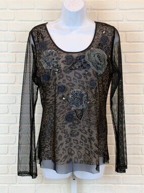 Identity Club Mesh Top Leopard Print Rosette Beaded Black M